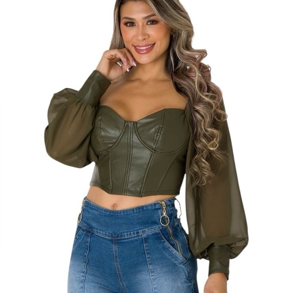 Nwt Haute Monde Olive Green Faux Leather Bustier Top With Sheer Puff Sleeves Lrg